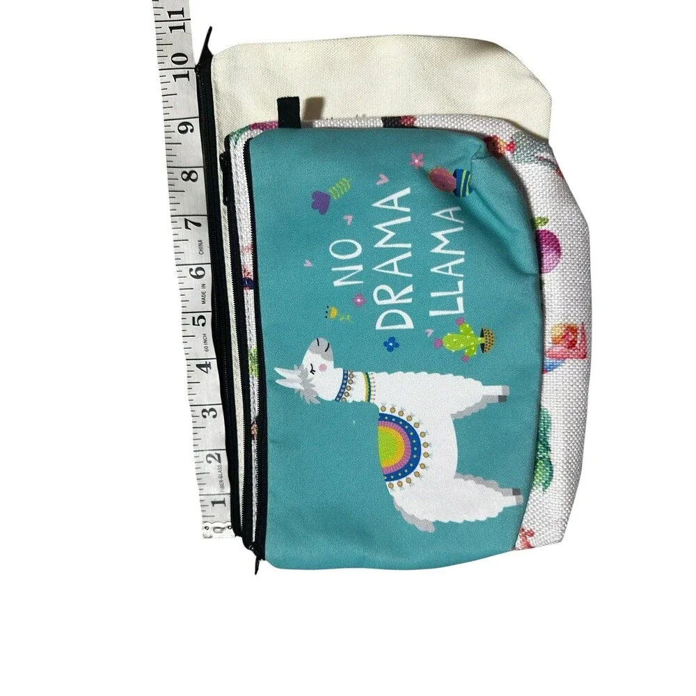 Lot of 3 Makeup/Cosmetics Pouches LLAMA PILATES WORLD! Small, Medium Large